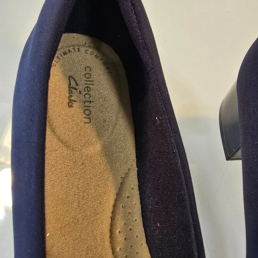 Clarks Marilyn Sara Blue Shoes Womens Sz 7.5 Fabric w Patent Leather Block Heels